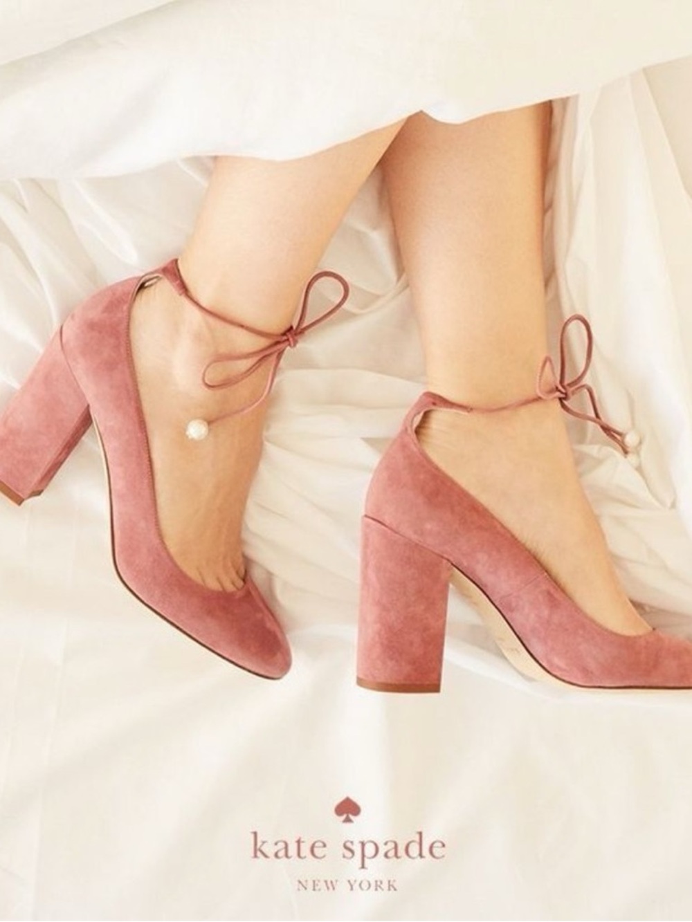 kate spade Gena Rose Pink Suede Ankle-Tie Block Heels